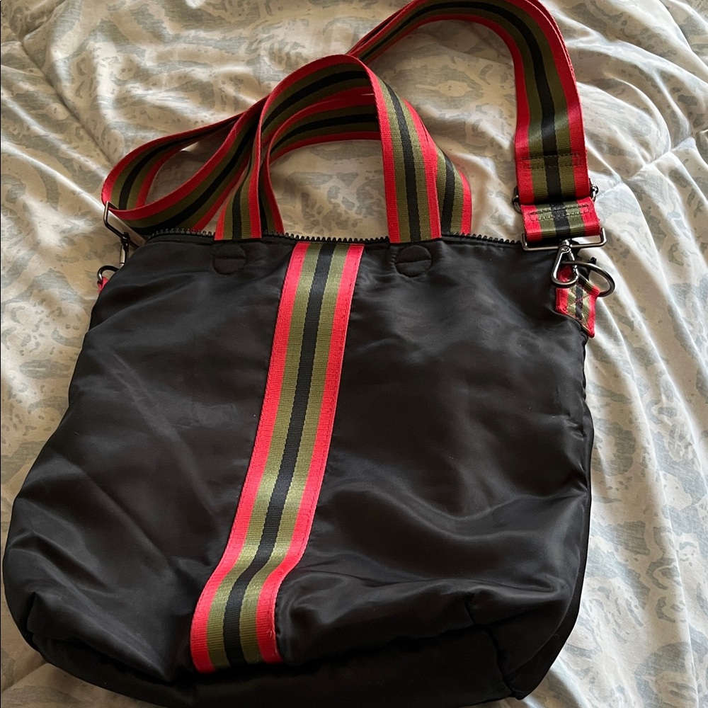 HAUTE SHORE Black Messenger Bag with Red and Green Stripe